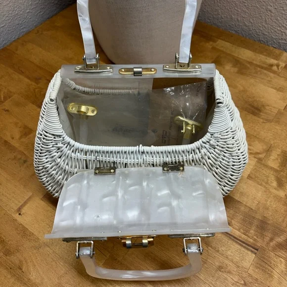Vtg 50s 60s White Wicker Box Purse Marbled Lucite Lid NSB Japan + Spare Handle - Picture 7 of 10